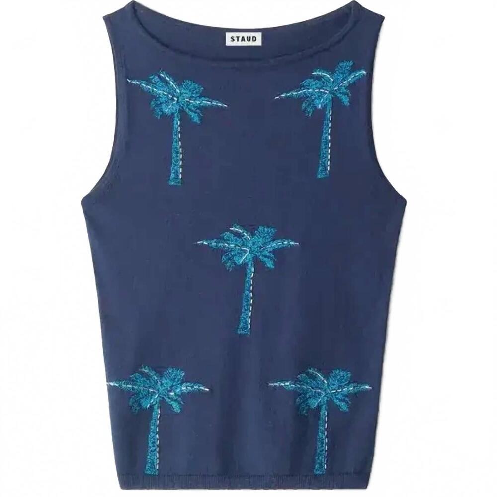 NEW STAUD women's arden embroidered palm tree top in navy